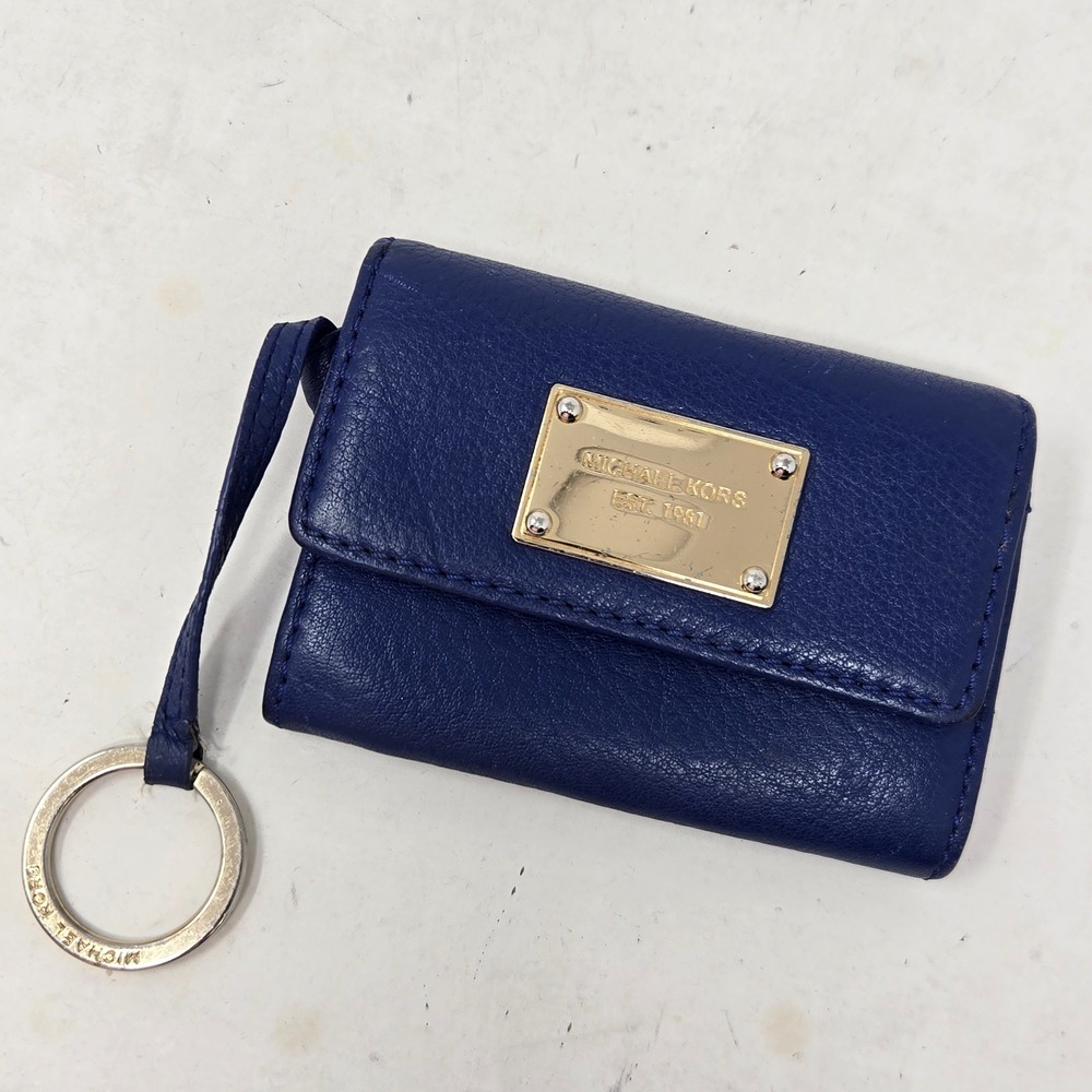 Michael Kors Cobalt Blue Pebbled Leather Trifold Wallet Key Ring ID Window